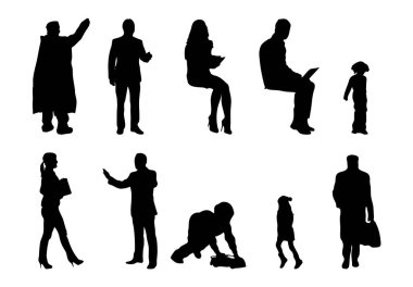 Vektör siluetleri, insanların ana hatları, Contour çizimleri, insanların siluetleri, ikon kümesi izole edilmiş, oturan insanların silueti, mimari set
