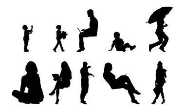 Vektör siluetleri, insanların ana hatları, Contour çizimleri, insanların siluetleri, ikon kümesi izole edilmiş, oturan insanların silueti, mimari set