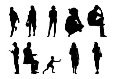 Vektör siluetleri, insanların ana hatları, Contour çizimleri, insanların siluetleri, ikon kümesi izole edilmiş, oturan insanların silueti, mimari set