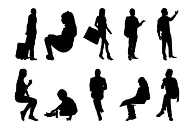 Vektör siluetleri, insanların ana hatları, Contour çizimleri, insanların siluetleri, ikon kümesi izole edilmiş, oturan insanların silueti, mimari set