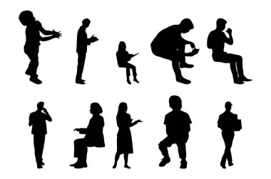 Vektör siluetleri, insanların ana hatları, Contour çizimleri, insanların siluetleri, ikon kümesi izole edilmiş, oturan insanların silueti, mimari set