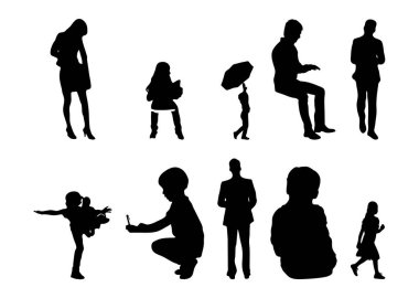 Vektör siluetleri, insanların ana hatları, Contour çizimleri, insanların siluetleri, ikon kümesi izole edilmiş, oturan insanların silueti, mimari set
