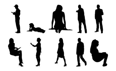 Vektör siluetleri, insanların ana hatları, Contour çizimleri, insanların siluetleri, ikon kümesi izole edilmiş, oturan insanların silueti, mimari set