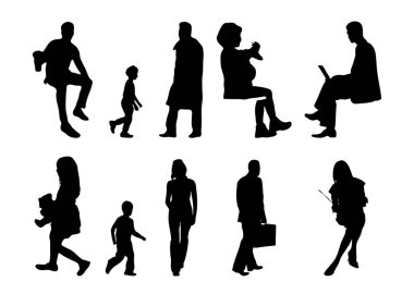 Vektör siluetleri, insanların ana hatları, Contour çizimleri, insanların siluetleri, ikon kümesi izole edilmiş, oturan insanların silueti, mimari set