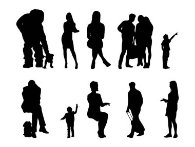 Vektör siluetleri, insanların ana hatları, Contour çizimleri, insanların siluetleri, ikon kümesi izole edilmiş, oturan insanların silueti, mimari set