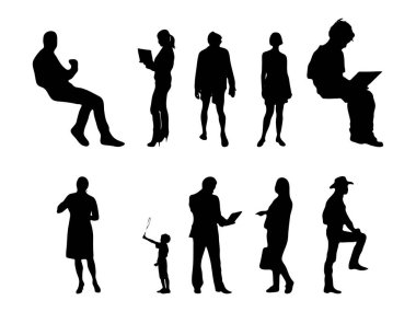 Vektör siluetleri, insanların ana hatları, Contour çizimleri, insanların siluetleri, ikon kümesi izole edilmiş, oturan insanların silueti, mimari set