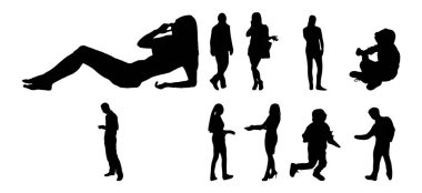 Vektör siluetleri, insanların ana hatları, Contour çizimleri, insanların siluetleri, ikon kümesi izole edilmiş, oturan insanların silueti, mimari set