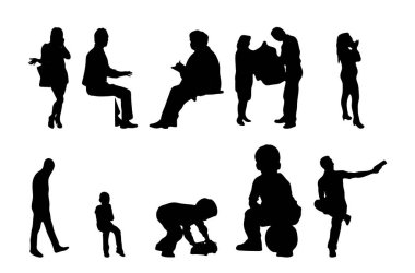 Vektör siluetleri, insanların ana hatları, Contour çizimleri, insanların siluetleri, ikon kümesi izole edilmiş, oturan insanların silueti, mimari set