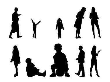 Vektör siluetleri, insanların ana hatları, Contour çizimleri, insanların siluetleri, ikon kümesi izole edilmiş, oturan insanların silueti, mimari set