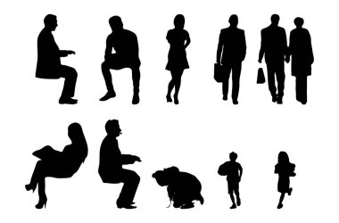 Vektör siluetleri, insanların ana hatları, Contour çizimleri, insanların siluetleri, ikon kümesi izole edilmiş, oturan insanların silueti, mimari set