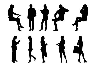 Vektör siluetleri, insanların ana hatları, Contour çizimleri, insanların siluetleri, ikon kümesi izole edilmiş, oturan insanların silueti, mimari set
