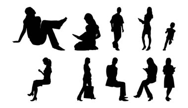 Vektör siluetleri, insanların ana hatları, Contour çizimleri, insanların siluetleri, ikon kümesi izole edilmiş, oturan insanların silueti, mimari set