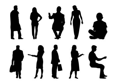 Vektör siluetleri, insanların ana hatları, Contour çizimleri, insanların siluetleri, ikon kümesi izole edilmiş, oturan insanların silueti, mimari set