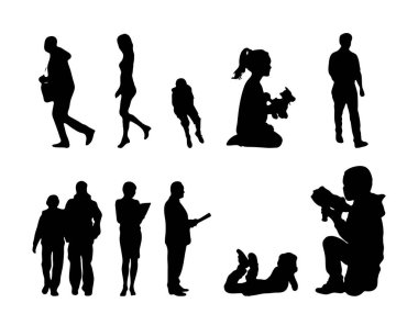Vektör siluetleri, insanların ana hatları, Contour çizimleri, insanların siluetleri, ikon kümesi izole edilmiş, oturan insanların silueti, mimari set