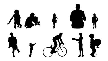 Vektör siluetleri, insanların ana hatları, Contour çizimleri, insanların siluetleri, ikon kümesi izole edilmiş, oturan insanların silueti, mimari set