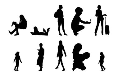 Vektör siluetleri, insanların ana hatları, Contour çizimleri, insanların siluetleri, ikon kümesi izole edilmiş, oturan insanların silueti, mimari set