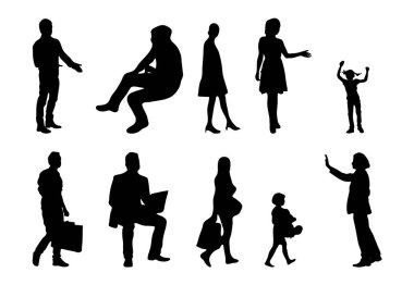 Vektör siluetleri, insanların ana hatları, Contour çizimleri, insanların siluetleri, ikon kümesi izole edilmiş, oturan insanların silueti, mimari set