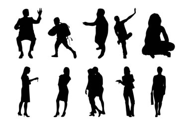 Vektör siluetleri, insanların ana hatları, Contour çizimleri, insanların siluetleri, ikon kümesi izole edilmiş, oturan insanların silueti, mimari set