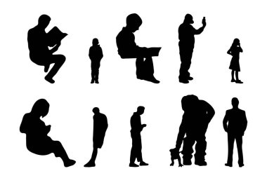 Vektör siluetleri, insanların ana hatları, Contour çizimleri, insanların siluetleri, ikon kümesi izole edilmiş, oturan insanların silueti, mimari set
