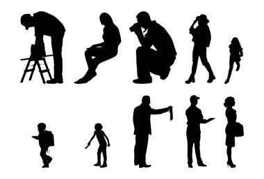 Vektör siluetleri, insanların ana hatları, Contour çizimleri, insanların siluetleri, ikon kümesi izole edilmiş, oturan insanların silueti, mimari set