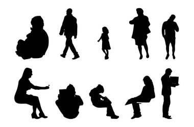 Vektör siluetleri, insanların ana hatları, Contour çizimleri, insanların siluetleri, ikon kümesi izole edilmiş, oturan insanların silueti, mimari set