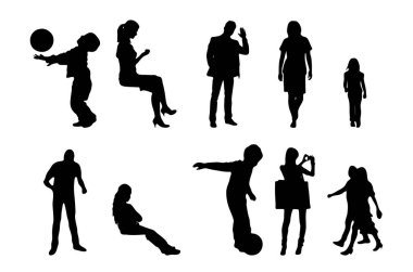 Vektör siluetleri, insanların ana hatları, Contour çizimleri, insanların siluetleri, ikon kümesi izole edilmiş, oturan insanların silueti, mimari set