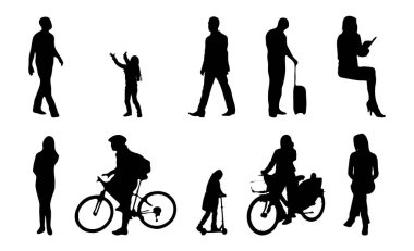 Vektör siluetleri, insanların ana hatları, Contour çizimleri, insanların siluetleri, ikon kümesi izole edilmiş, oturan insanların silueti, mimari set