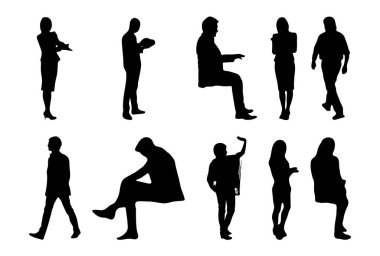 Vektör siluetleri, insanların ana hatları, Contour çizimleri, insanların siluetleri, ikon kümesi izole edilmiş, oturan insanların silueti, mimari set