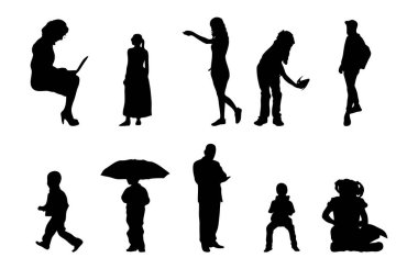 Vektör siluetleri, insanların ana hatları, Contour çizimleri, insanların siluetleri, ikon kümesi izole edilmiş, oturan insanların silueti, mimari set