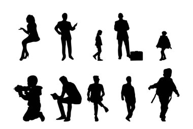 Vektör siluetleri, insanların ana hatları, Contour çizimleri, insanların siluetleri, ikon kümesi izole edilmiş, oturan insanların silueti, mimari set