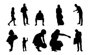 Vektör siluetleri, insanların ana hatları, Contour çizimleri, insanların siluetleri, ikon kümesi izole edilmiş, oturan insanların silueti, mimari set