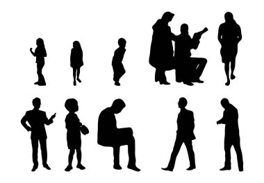 Vektör siluetleri, insanların ana hatları, Contour çizimleri, insanların siluetleri, ikon kümesi izole edilmiş, oturan insanların silueti, mimari set