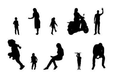 Vektör siluetleri, insanların ana hatları, Contour çizimleri, insanların siluetleri, ikon kümesi izole edilmiş, oturan insanların silueti, mimari set