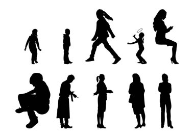 Vektör siluetleri, insanların ana hatları, Contour çizimleri, insanların siluetleri, ikon kümesi izole edilmiş, oturan insanların silueti, mimari set