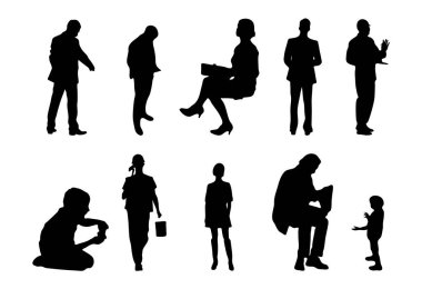 Vektör siluetleri, insanların ana hatları, Contour çizimleri, insanların siluetleri, ikon kümesi izole edilmiş, oturan insanların silueti, mimari set