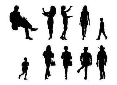 Vektör siluetleri, insanların ana hatları, Contour çizimleri, insanların siluetleri, ikon kümesi izole edilmiş, oturan insanların silueti, mimari set