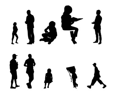 Vektör siluetleri, insanların ana hatları, Contour çizimleri, insanların siluetleri, ikon kümesi izole edilmiş, oturan insanların silueti, mimari set