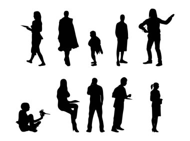 Vektör siluetleri, insanların ana hatları, Contour çizimleri, insanların siluetleri, ikon kümesi izole edilmiş, oturan insanların silueti, mimari set