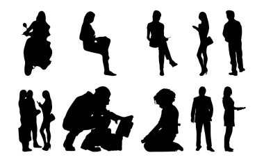 Vektör siluetleri, insanların ana hatları, Contour çizimleri, insanların siluetleri, ikon kümesi izole edilmiş, oturan insanların silueti, mimari set