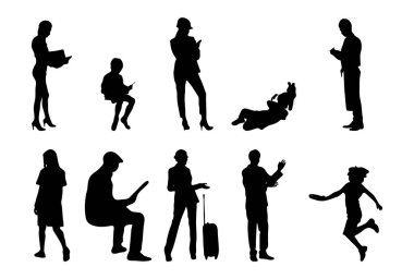 Vektör siluetleri, insanların ana hatları, Contour çizimleri, insanların siluetleri, ikon kümesi izole edilmiş, oturan insanların silueti, mimari set