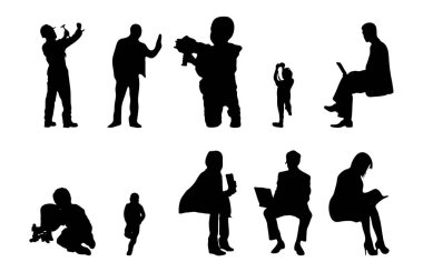 Vektör siluetleri, insanların ana hatları, Contour çizimleri, insanların siluetleri, ikon kümesi izole edilmiş, oturan insanların silueti, mimari set