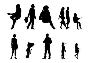 Vektör siluetleri, insanların ana hatları, Contour çizimleri, insanların siluetleri, ikon kümesi izole edilmiş, oturan insanların silueti, mimari set
