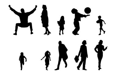 Vektör siluetleri, insanların ana hatları, Contour çizimleri, insanların siluetleri, ikon kümesi izole edilmiş, oturan insanların silueti, mimari set