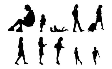 Vektör siluetleri, insanların ana hatları, Contour çizimleri, insanların siluetleri, ikon kümesi izole edilmiş, oturan insanların silueti, mimari set