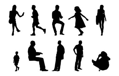 Vektör siluetleri, insanların ana hatları, Contour çizimleri, insanların siluetleri, ikon kümesi izole edilmiş, oturan insanların silueti, mimari set