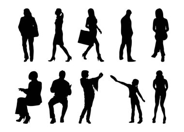Vektör siluetleri, insanların ana hatları, Contour çizimleri, insanların siluetleri, ikon kümesi izole edilmiş, oturan insanların silueti, mimari set