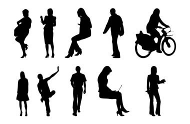 Vektör siluetleri, insanların ana hatları, Contour çizimleri, insanların siluetleri, ikon kümesi izole edilmiş, oturan insanların silueti, mimari set