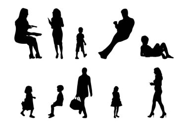 Vektör siluetleri, insanların ana hatları, Contour çizimleri, insanların siluetleri, ikon kümesi izole edilmiş, oturan insanların silueti, mimari set