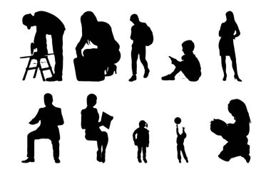 Vektör siluetleri, insanların ana hatları, Contour çizimleri, insanların siluetleri, ikon kümesi izole edilmiş, oturan insanların silueti, mimari set