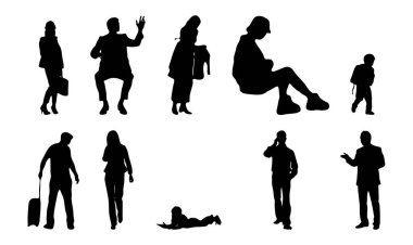 Vektör siluetleri, insanların ana hatları, Contour çizimleri, insanların siluetleri, ikon kümesi izole edilmiş, oturan insanların silueti, mimari set